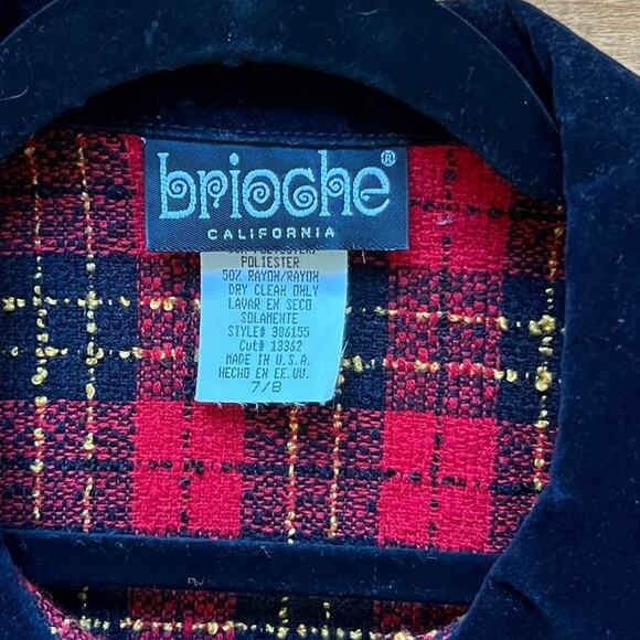 Vintage 90s Brioche Red Plaid Velvet Trim Double Breasted Textured Jacket M - Picture 6 of 6